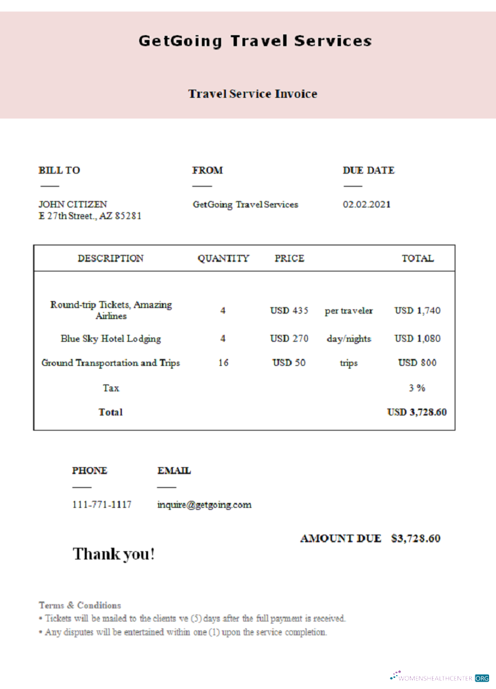 Download USA GetGoing Travel Services invoice Photoshop template